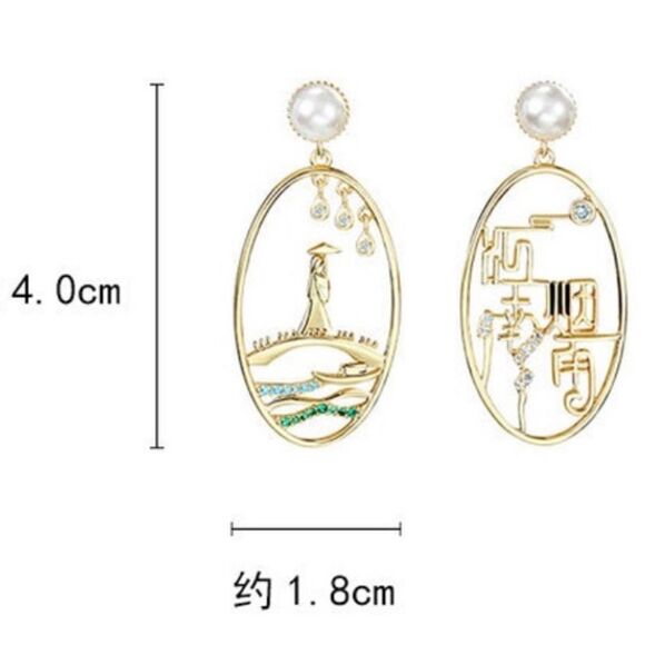 925 Sterling Silver Asian Inspired Earrings with Pearl - Picture 4 of 7